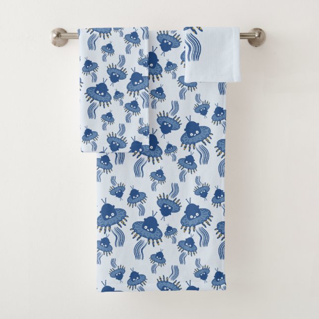 Blue Kawaii Octopus UFO Badhandtuch Set (Insitu)