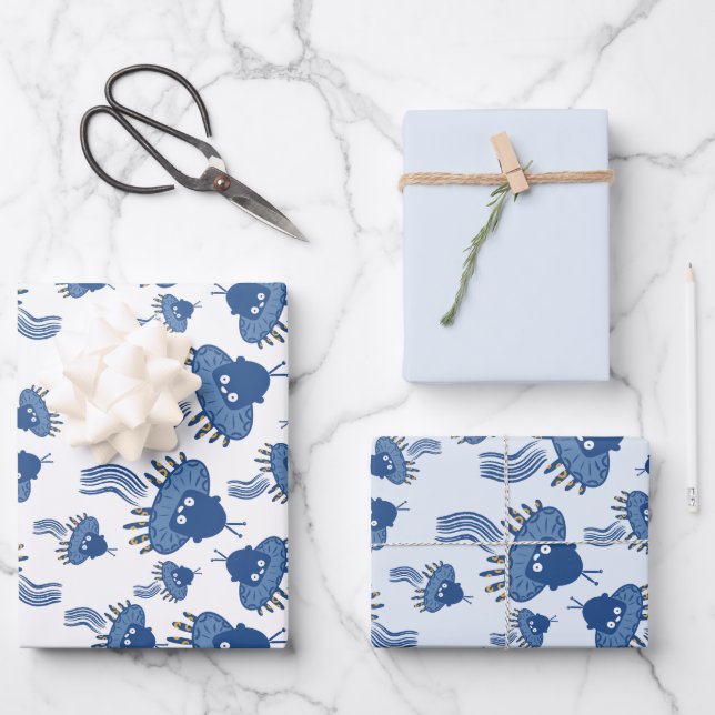 Blue Kawaii Octopus UFO Geschenkpapier Set (Vorderseite)