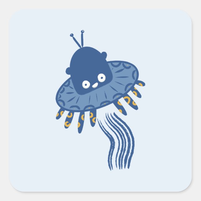 Blue Kawaii Octopus UFO Quadratischer Aufkleber (Vorderseite)