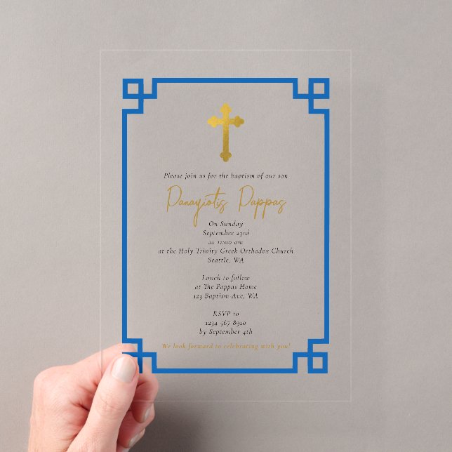 Blue Key griechisch-orthodoxe Christening Boy Tauf Acryleinladungen (Insitu (Handheld))