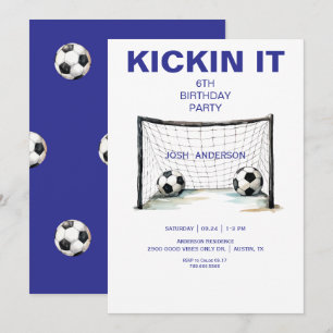 Blue Kickin it Soccer Birthday Party Einladung