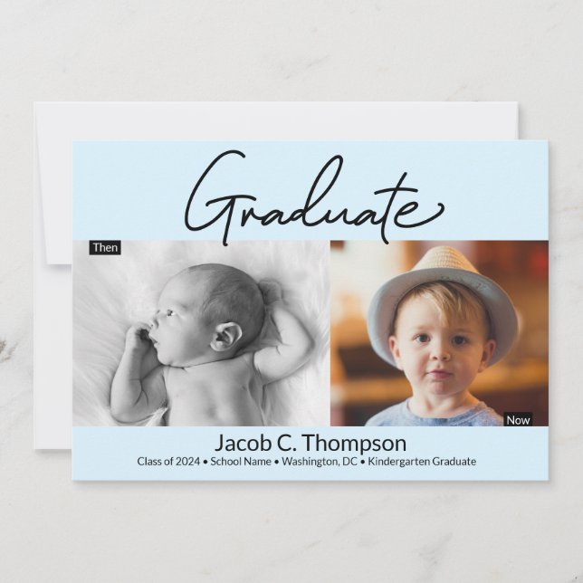 Blue Kindergarten Dann und Jetzt Grad Foto Ankündigung (Vorderseite)