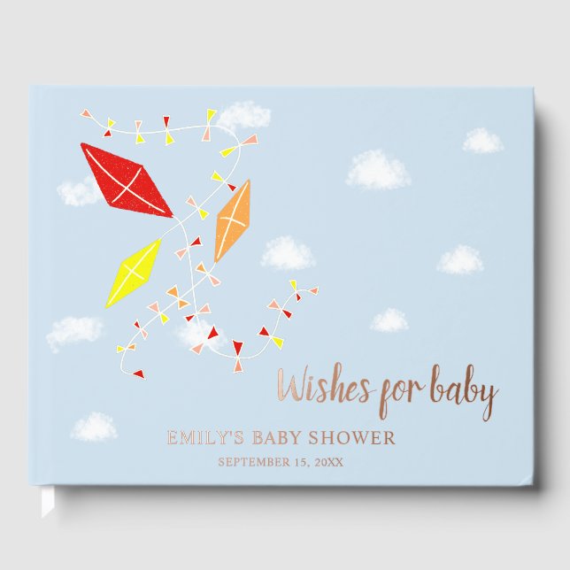 Blue Kites Baby Dusche Gold Foil Wünsche für Baby Gästebuch (Vorderseite)