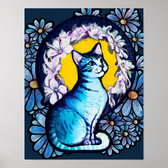 Blue Kitty Cat Halo Mucha Style Floral Poster (Vorne)