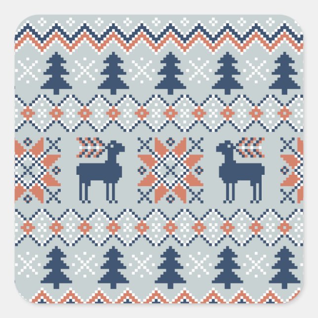 Blue Knited Weihnachts Sweater Rentier Muster Quadratischer Aufkleber (Vorderseite)