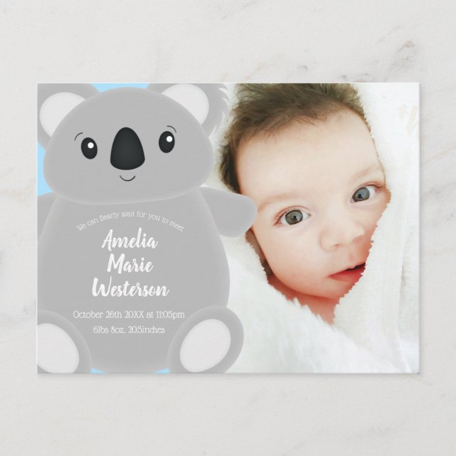 Blue Koala Bear Baby Dusche Postkarte (Vorderseite)