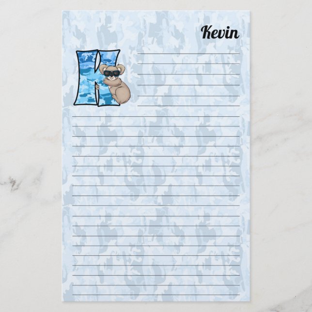Blue Koala Mongram Letter K Lined Briefpapier (Vorderseite)