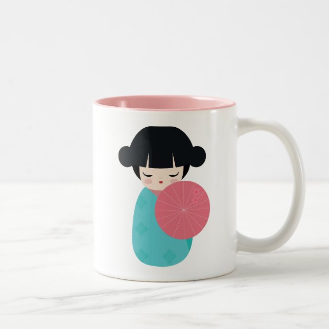 BLUE Kokeshi Doll - Niedliches japanisches Geisha  Zweifarbige Tasse (Rechts)