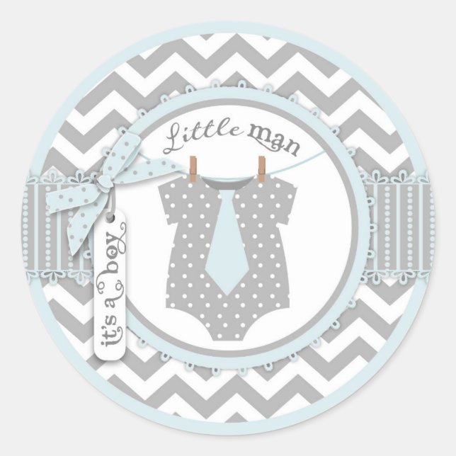 Blue Krawatte & Zickzack Print Baby Dusche Runder Aufkleber (Vorderseite)