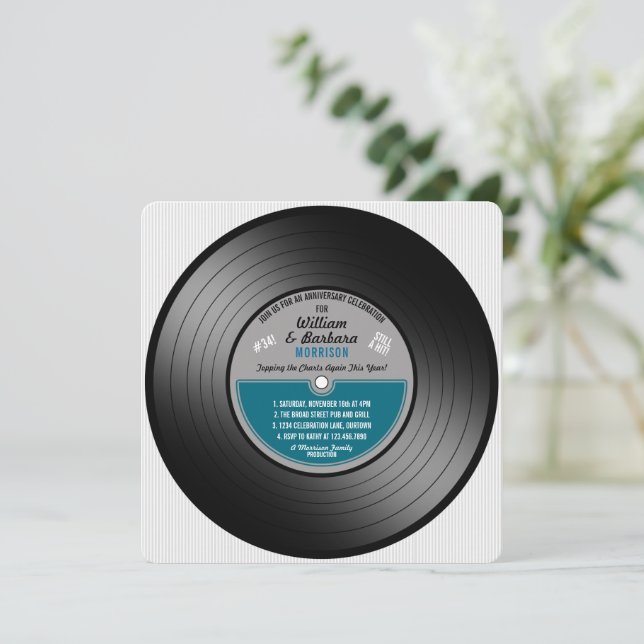 Blue Label Vinyl Record Jubiläum Party Einladung (Stehend Vorderseite)
