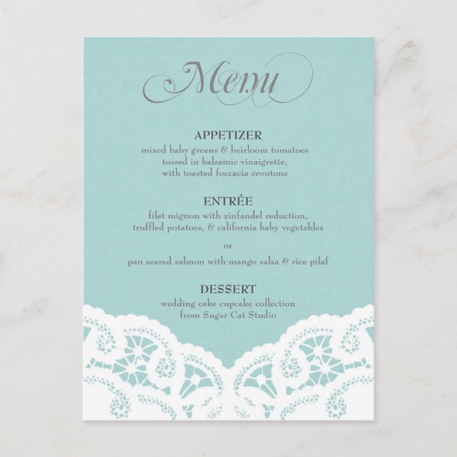 Blue Lace Doily Wedding Menu Postkarte (Vorderseite)