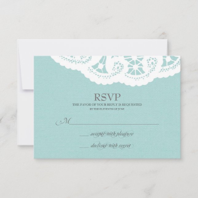 Blue Lace Doily Wedding RSVP (Vorderseite)