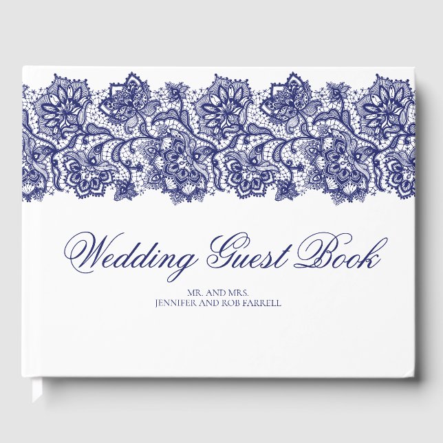 Blue Lace Elegant White Wedding Gästebuch (Vorderseite)