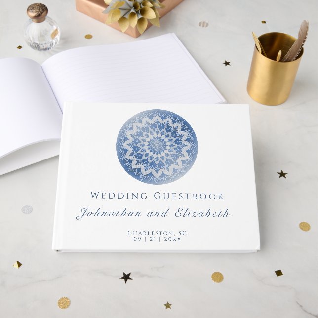 Blue Lace Mandala Wedding Gästebuch (Vorderseite Offen)