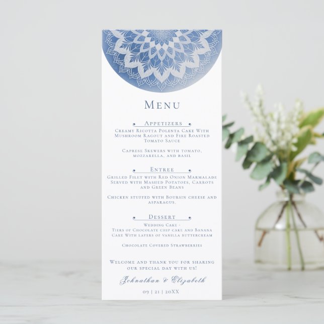 Blue Lace Mandala Wedding Menükarte (Stehend Vorderseite)