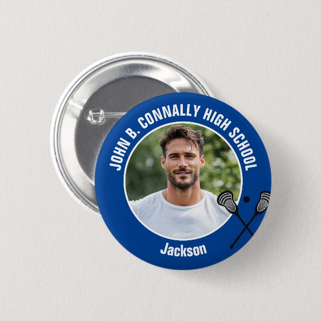 Blue Lacrosse Player Photo High School Spirit Button (Vorne & Hinten)