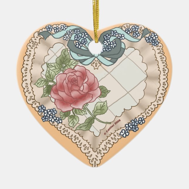 Blue Lacy Ribbon Herz Keramik Ornament (Vorne)