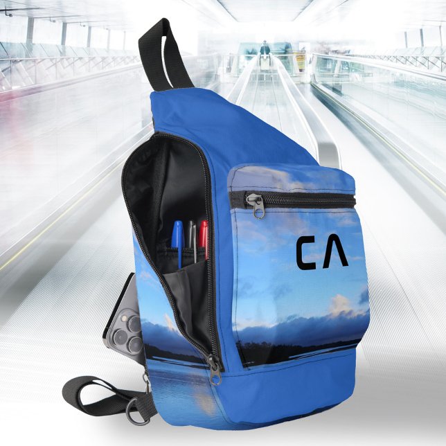 Blue Lake Foto Monogram Crossbody Bag (Blue Hour Lake Monogram Wanderlust Your Photo Sling Bag 
©Susanne Sachers - Sunny Wanderlust 🌞✈️)