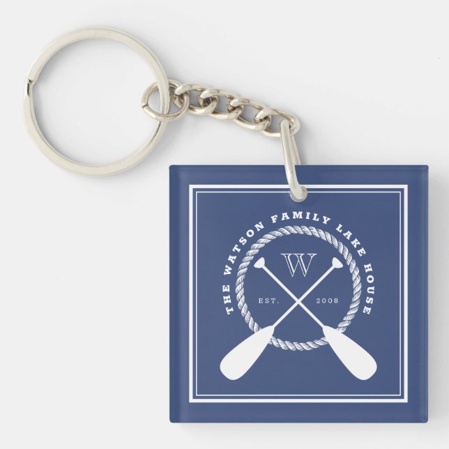 Blue Lake House Monogram Crossed Paddles Schlüsselanhänger (Vorderseite)