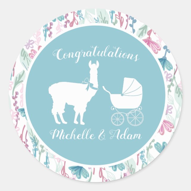 Blue Lama Boy Baby Dusche Runder Aufkleber (Vorderseite)