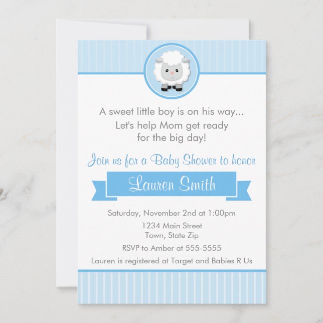 Blue Lamb Boy Babydusche Einladungs-12x18 Einladung (Vorderseite)