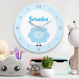 Blue Lamb Boy Kid Kinderzimmer Script Niedlich Kaw Große Wanduhr