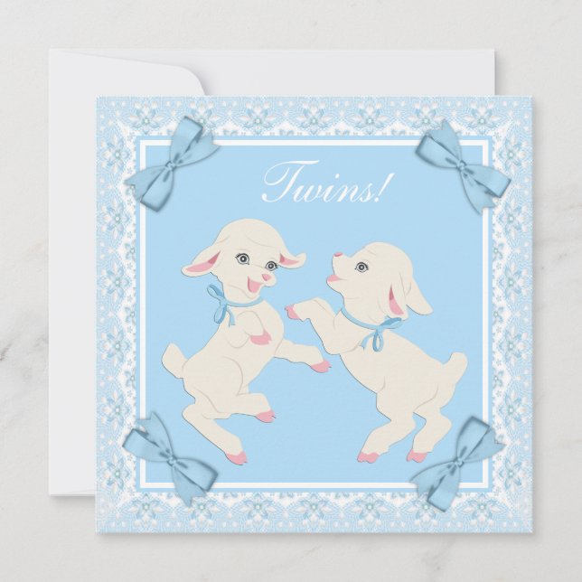 Blue Lamb Twin Baby Boy Shower Einladungen (Vorderseite)