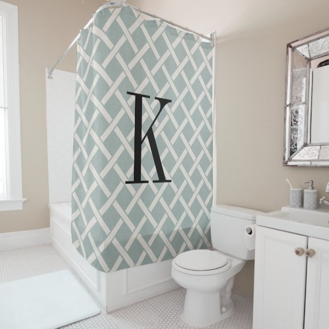 Blue Lattice Large Monogram | Bauernhof Badezimmer Duschvorhang (Beispiel)