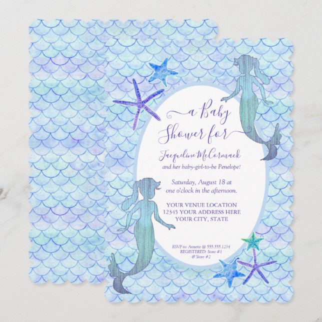 Blue Lavender Mermaid Watercolor Baby Dusche Einladung (Vorne/Hinten)