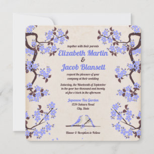 Blue Lavender Sakura und Liebesvögel Hochzeit Einladung