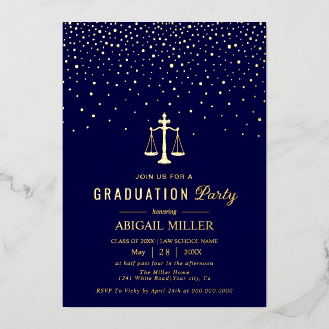 Blue Law school Class Of 2026 graduation confetti Folieneinladung (Vorderseite)
