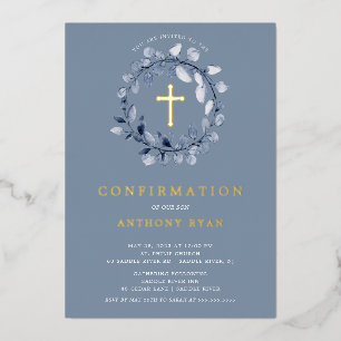 Blue Leaf Boys Confirmation Foil Invitation
