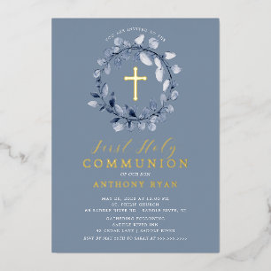 Blue Leaf Boys First Communion Foil Invitation