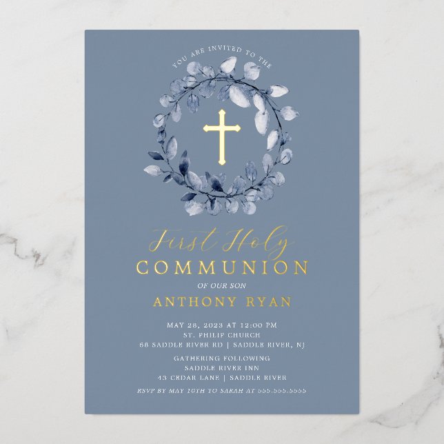 Blue Leaf Boys First Communion Foil Invitation (Recto)