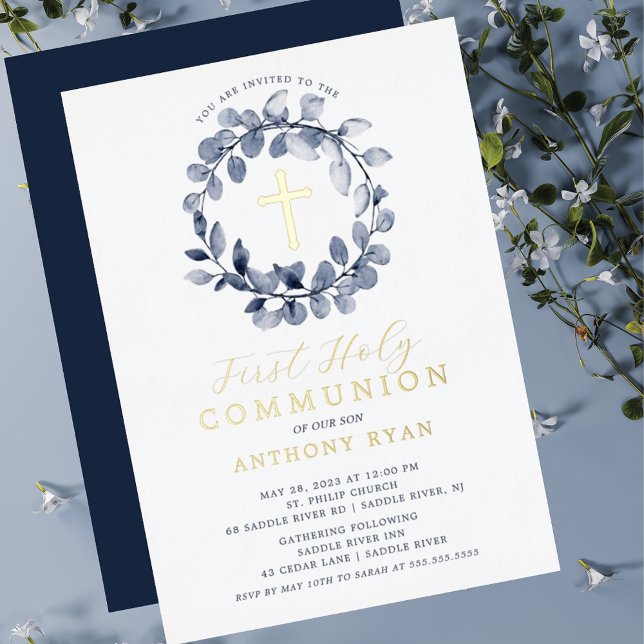 Blue Leaf Boys First Communion Foil Invitation (Créateur téléchargé)