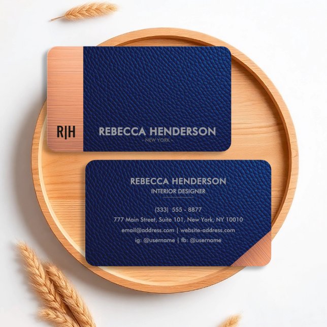 Blue Leather & Copper Luxe Business Card Visitenkarte (Von Creator hochgeladen)