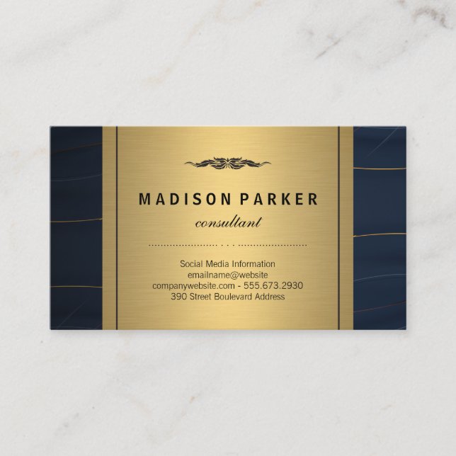 Blue Leather Gold Metallic Business Card Visitenkarte (Vorderseite)