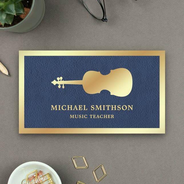Blue Leather Gold Violin Music Teacher Violinist Visitenkarte (Von Creator hochgeladen)