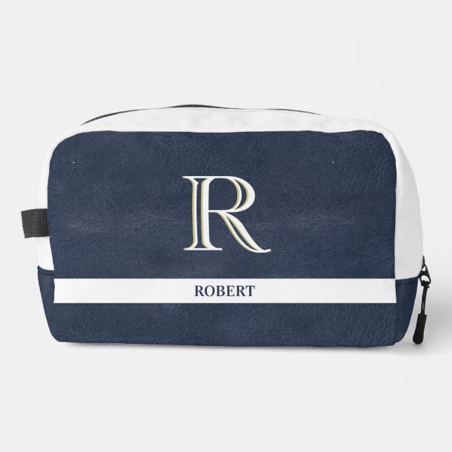 Blue Leather Textur White Monogram Name Dopp Kit Waschbeutel (Vorderseite)
