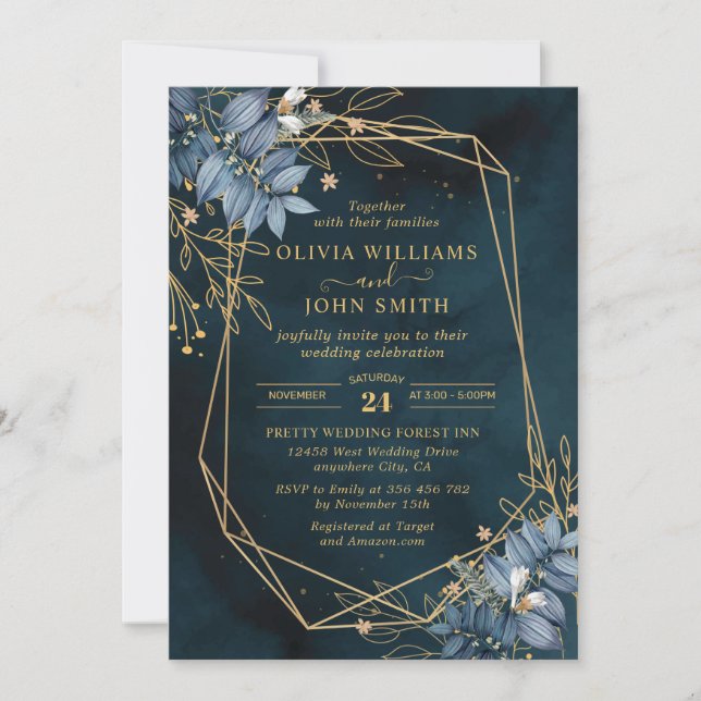 Blue Leave Floral Gold Elegant - F003 Invitation (Devant)