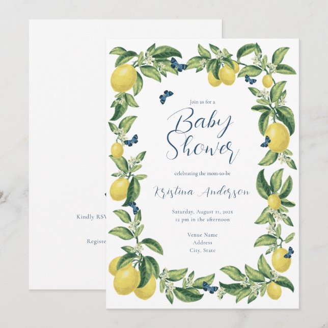 Blue & Lemon Citrus Butterfly Baby Dusche Einladung (Vorne/Hinten)