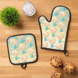 Blue Lemon Float: Lächelnder Bichon Zuckerwatte Ofenhandschuh & Topflappen-Set