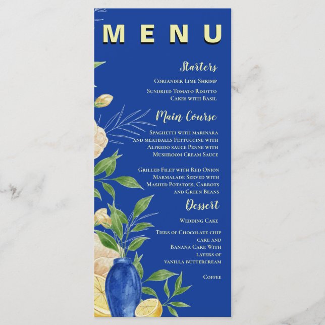Blue Lemon Floral Mediterranean Wedding Party Menükarte (Vorderseite)