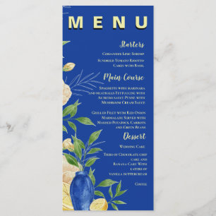 Blue Lemon Floral Mediterranean Wedding Party Menükarte