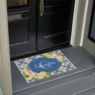 Blue Lemon Mediterranean Monogram Name New Zuhause Fußmatte