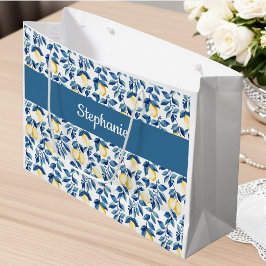 Blue Lemon Watercolor Monogram Name Large Große Geschenktüte