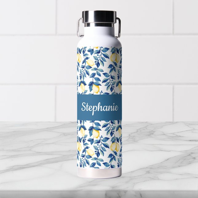 Blue Lemon Watercolor Monogram Name Trinkflasche (Von Creator hochgeladen)
