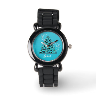 Blue Leopard Cheetah Weihnachtsbaum Armbanduhr
