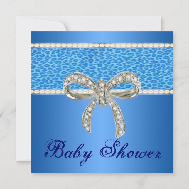 Blue Leopard Diamond Bow Kinderdusche Einladung (Vorderseite)