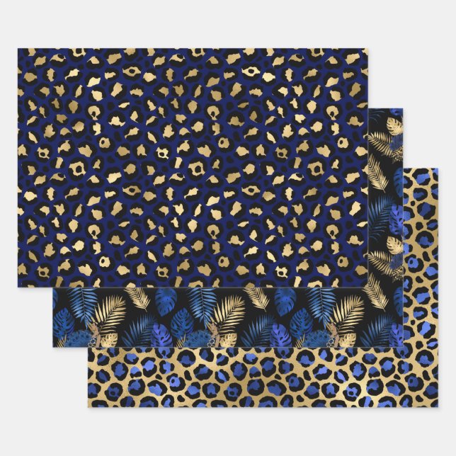 Blue Leopard Print with Gold Tropical Leaves Geschenkpapier Set (Set)